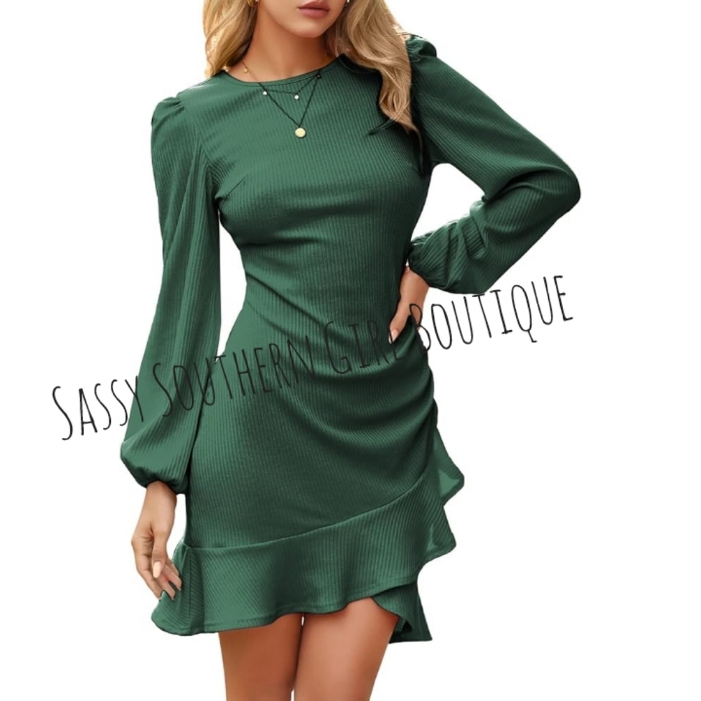 ⭐🆕Dark Green Ribbed Flutter Mini Dress - Picture 8 of 13